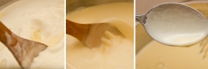 The mixture will lose the white foam when it begins to thicken, then will coat a metal spoon when done. 